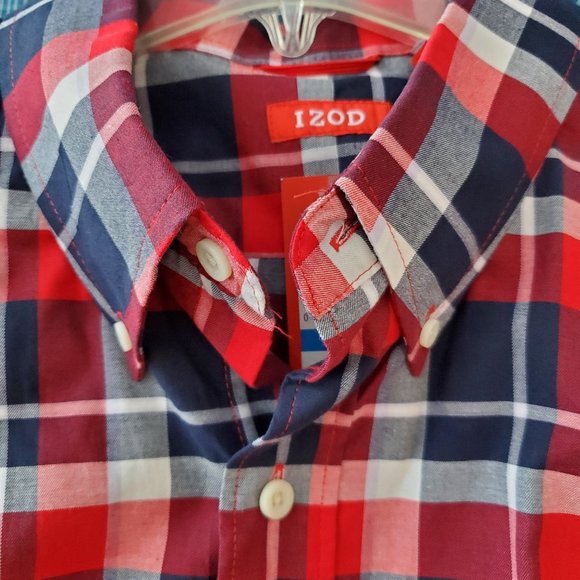 Men's - IZOD Long Sleeve Red and Navy Blue Plaid / Checkered Shirt - NWT - Picture 4 of 6